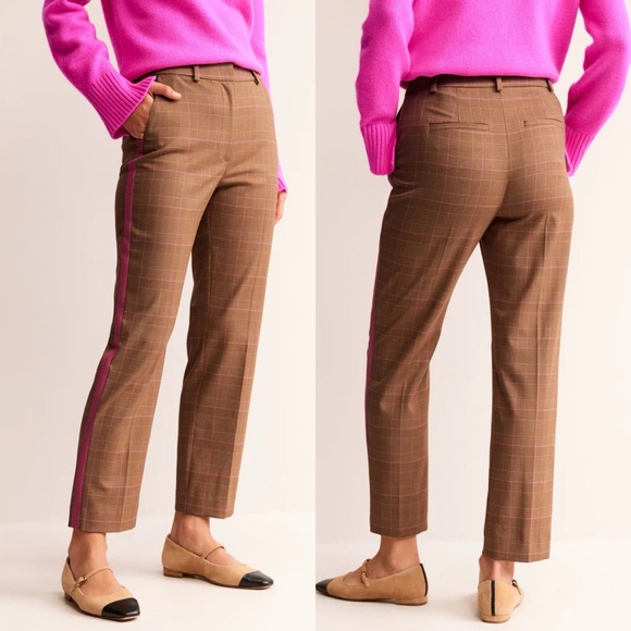 Boden Pants - Boden Kew Check Side Stripe Trousers in Brown & Pink